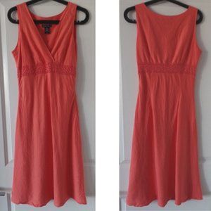 NEW YORK & COMPANY Coral Linen Dress with Crochet Cutout Detail, sz 6